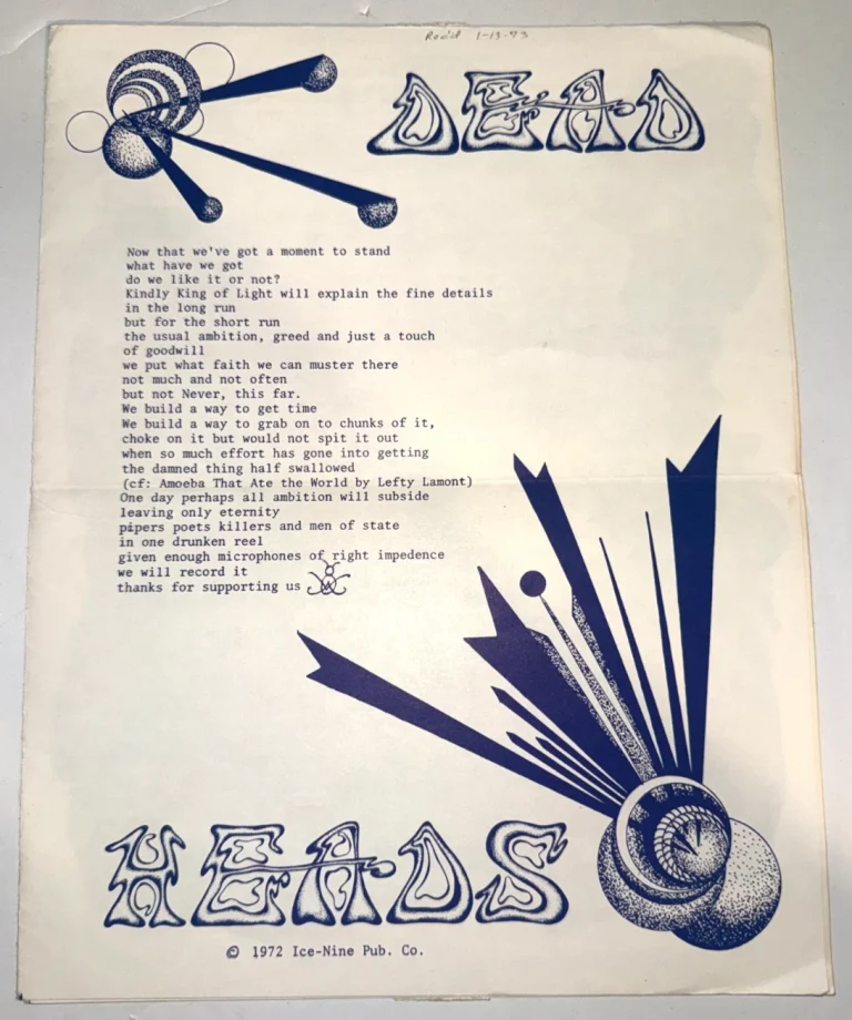 Grateful Dead Fan Club Mailer 1972 Ice-Nine Pub Co Dead Heads Newsletter Truckin