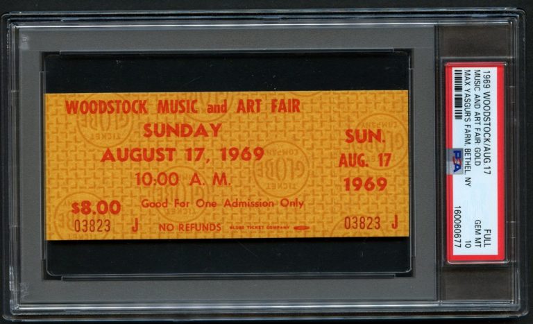 Woodstock Ticket August 17, 1969, Sunday Grade 10 Gem Mint PSA Slabbed