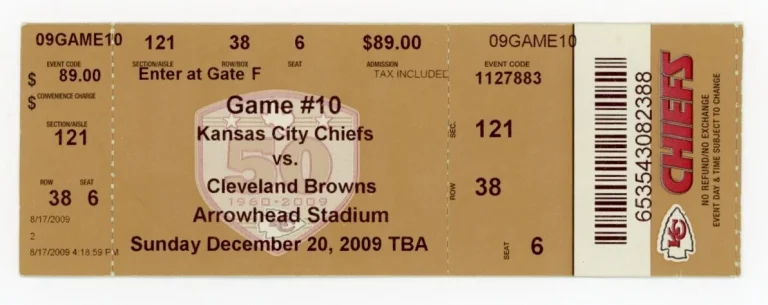 FOOTBALL TICKET STUB ARROWHEAD KANSAS CITY CHIEFS CLEVELAND BROWNS 12/20 2009