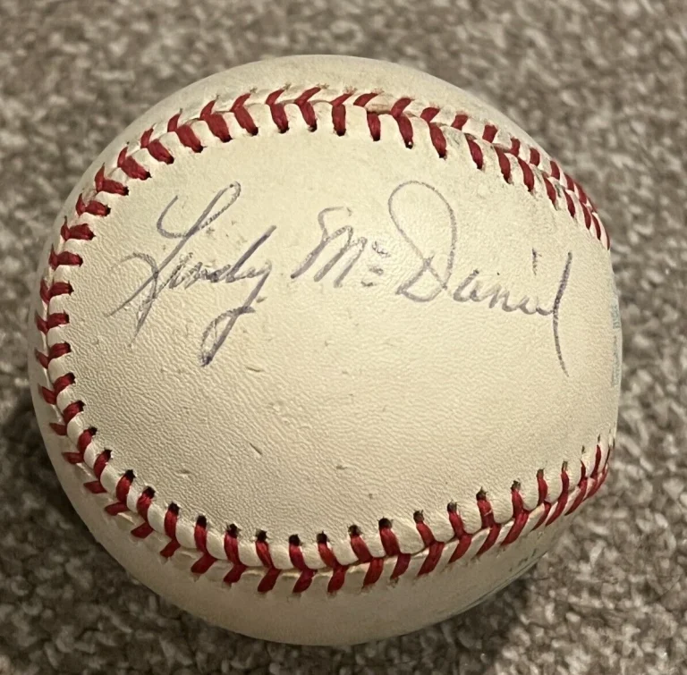 LINDY MCDANIEL SIGNED VTG OALB USED SPALDING BASEBALL AUTO NEW YORK YANKEES