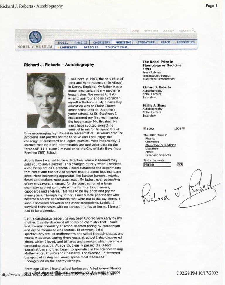 Richard J. Roberts Nobel Prize Medicine Molecular Biologist Signed Autograph Bio