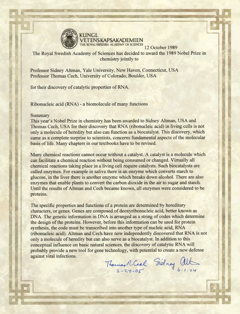Thomas Cech Sidney Altman Nobel Prize Chemistry Signed Autograph Certificate