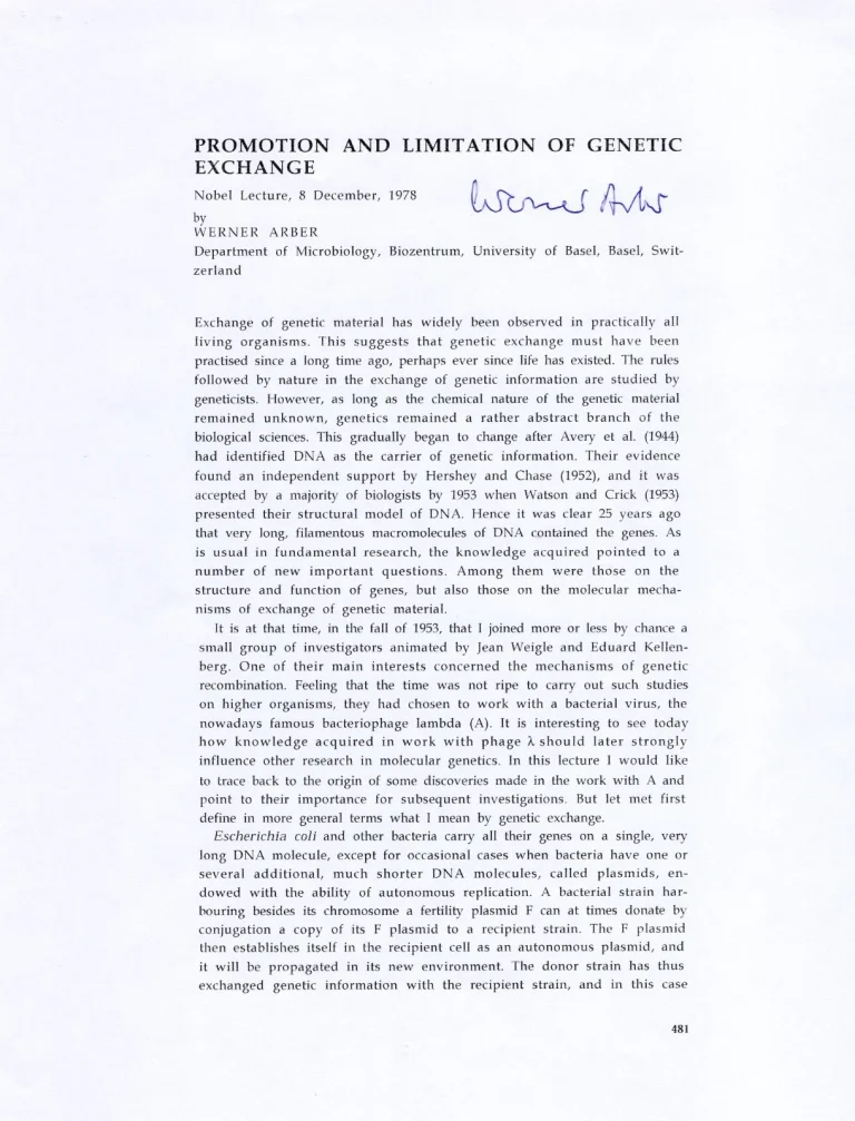 Werner Arber Nobel Prize Medicine Restriction Endonucle Signed Autograph Lecture