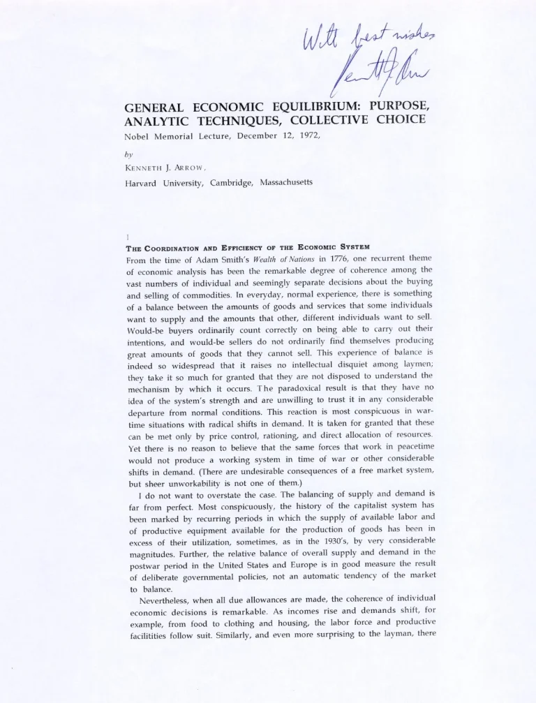 Kenneth Arrow Nobel Prize Economics Impossibility Theor Signed Autograph Lecture
