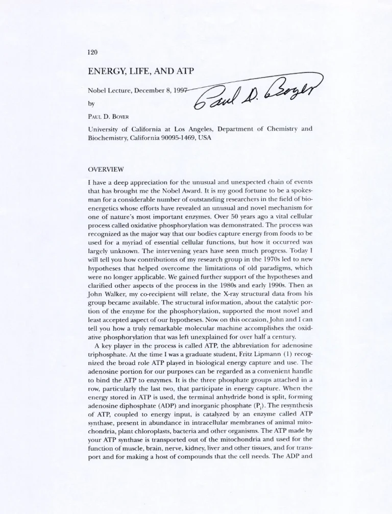 Paul Boyer Nobel Prize Chemistry Adenosine Triphosphate Signed Autograph Lecture