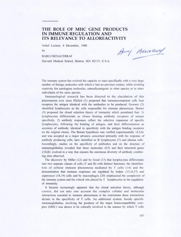 Baruj Benacerraf Nobel Prize Medicine Histocompatibilit Signed Autograph Lecture