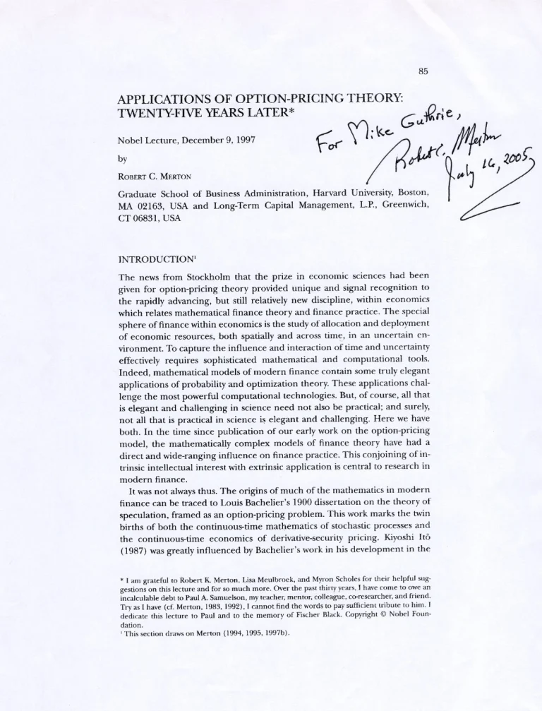 Robert C. Merton Nobel Prize Economics Black–Scholes Signed Autograph Lecture