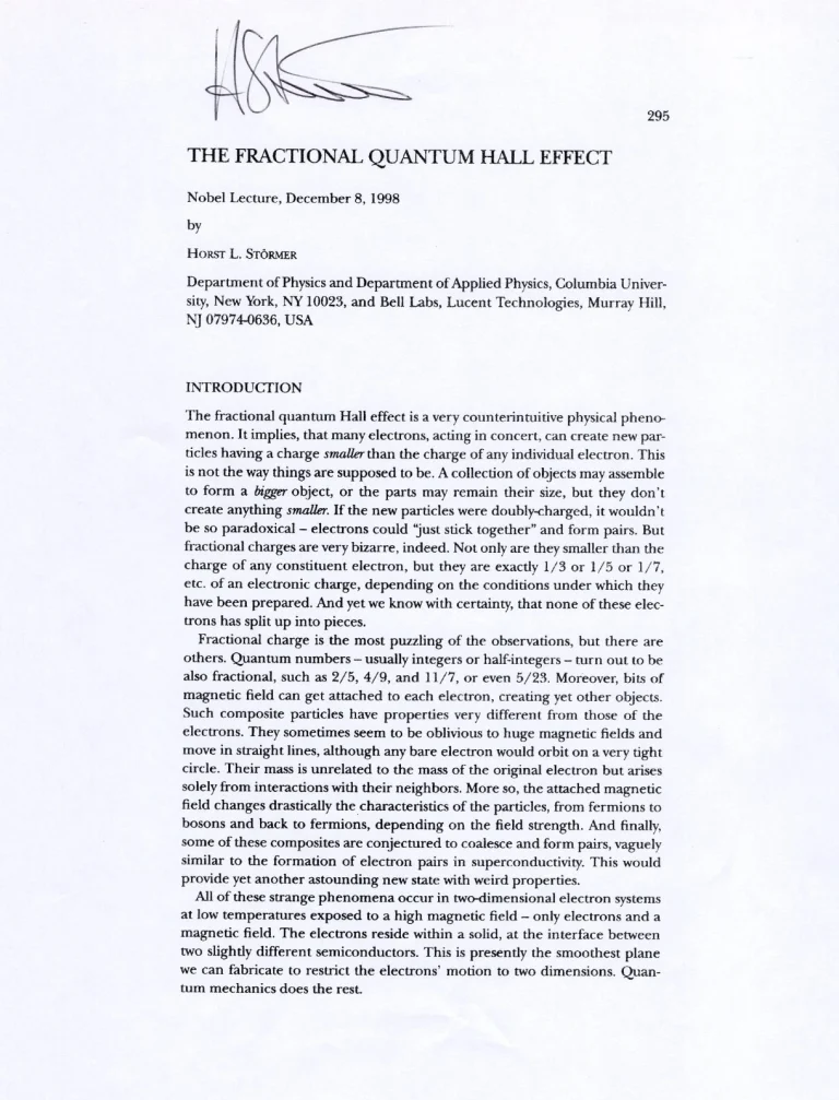 Horst Stormer Nobel Prize Physics Quantum Fluid Signed Autograph Lecture