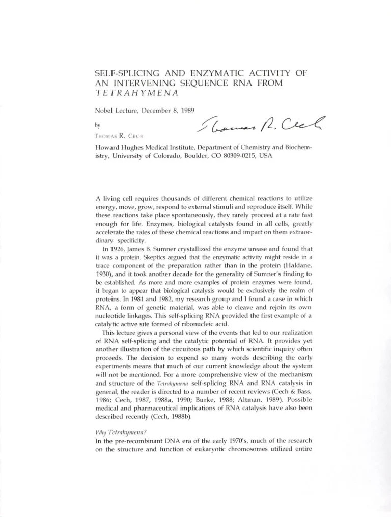 Thomas Cech 1989 Nobel Prize Chemistry Cut Strands RNA Signed Autograph Lecture