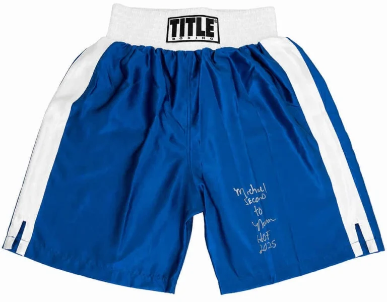 Michael Nunn Signed Title Blue With White Trim Boxing Trunks w/HOF 2025 (SS COA)