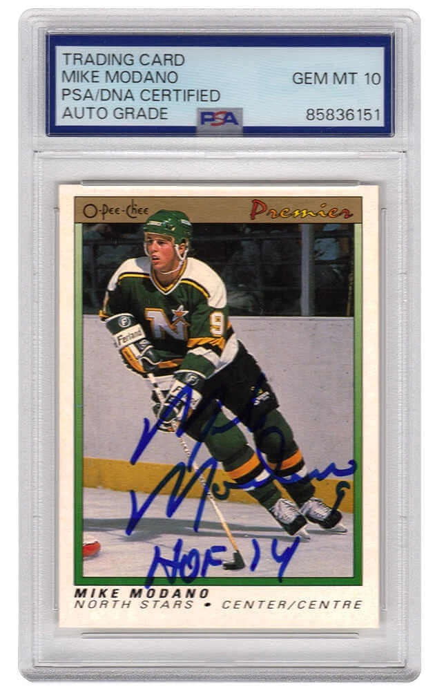 Mike Modano Signed North Stars 1990 O-Pee-Chee RC Card #74 w/HOF (PSA - Auto 10)