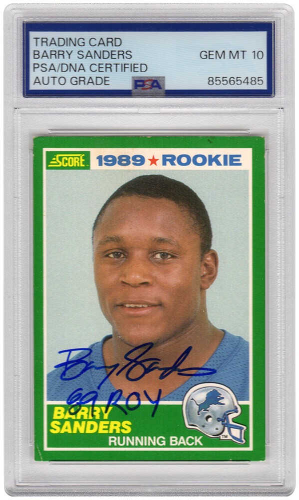 Barry Sanders Signed Lions 1989 Score Rookie Card #257 w/ROY'89 -(PSA / Auto 10)