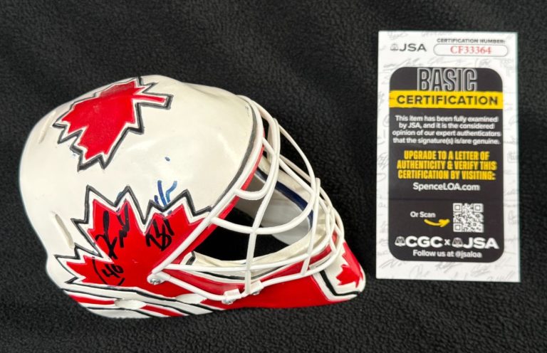 Fred Brathwaite Signed Team Canada Mini Ceramic Mini Goalie Mask Flames JSA COA