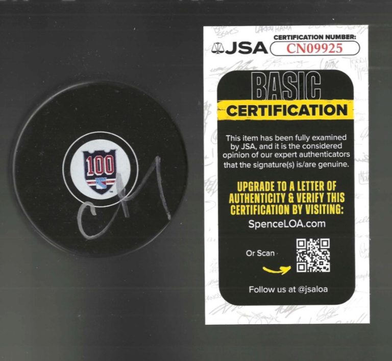 Chris Drury Signed New York Rangers Centennial 100th Puck JSA COA