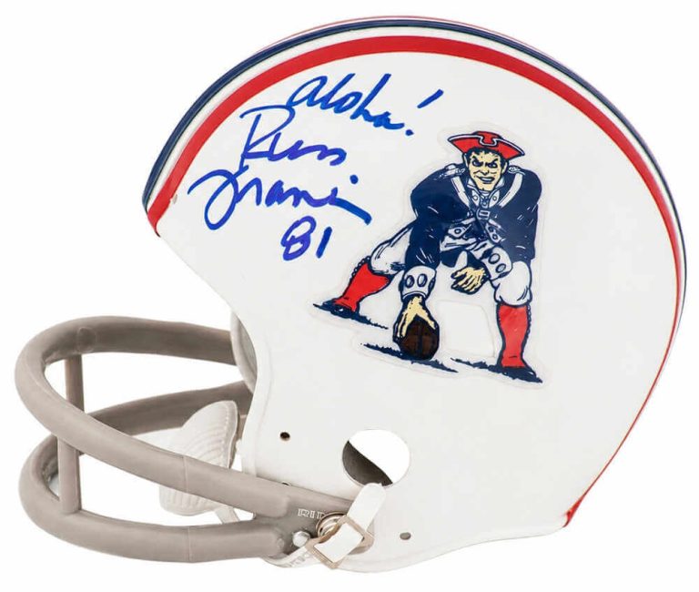 Russ Francis Signed Patriots T/B 2-Bar Riddell VSR4 Mini Helmet w/Aloha (SS COA)