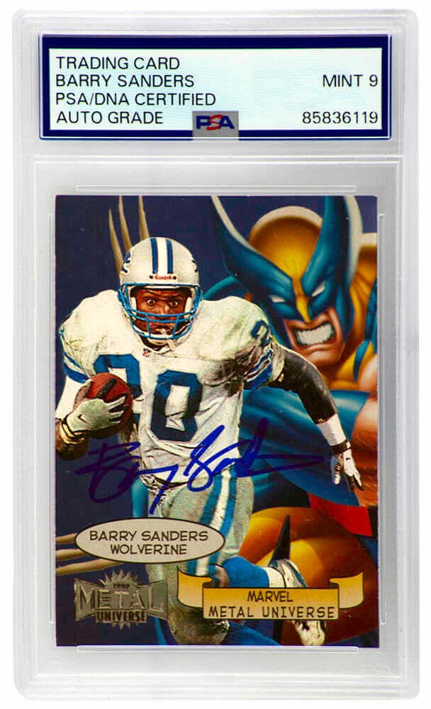 Barry Sanders Signed Lions 1997 Marvel Metal Universe Card #1 -(PSA - Auto 9)
