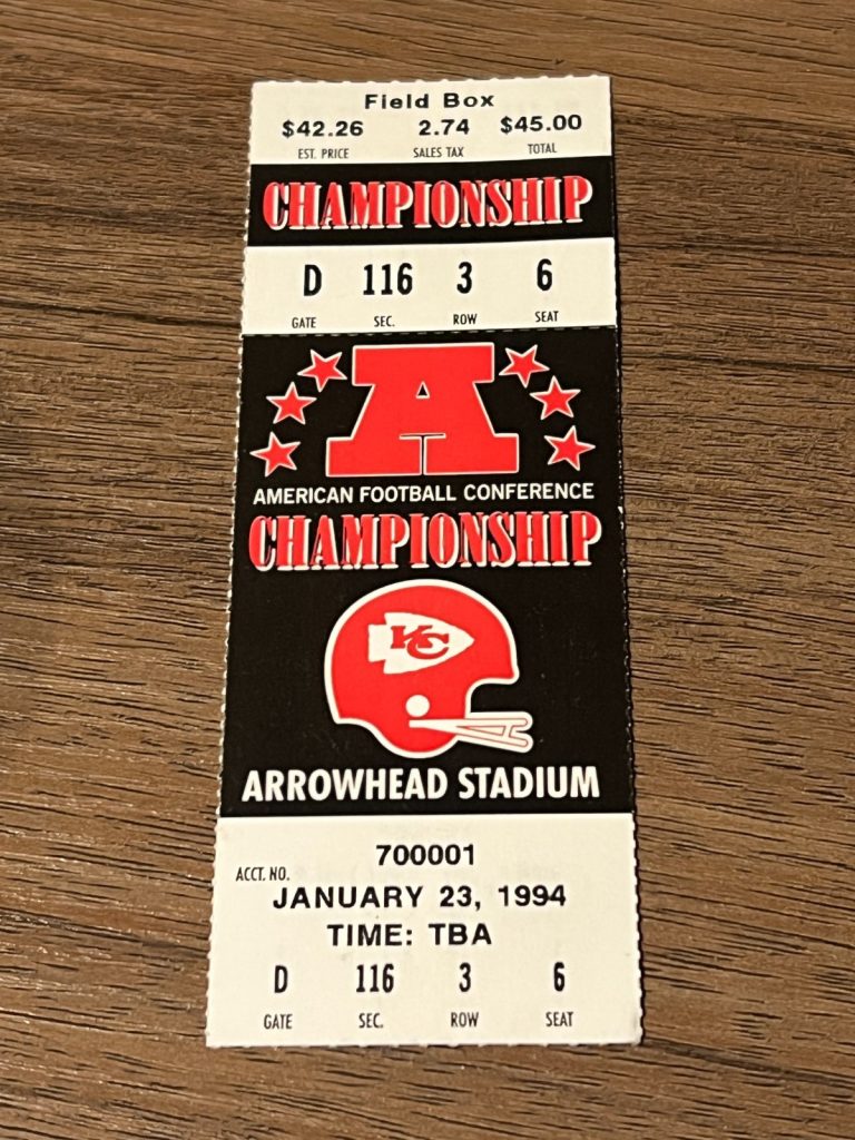 VTG FOOTBALL TICKET KANSAS CITY CHIEFS UNPLAYED PLAYOFF GAME 1/23 1994