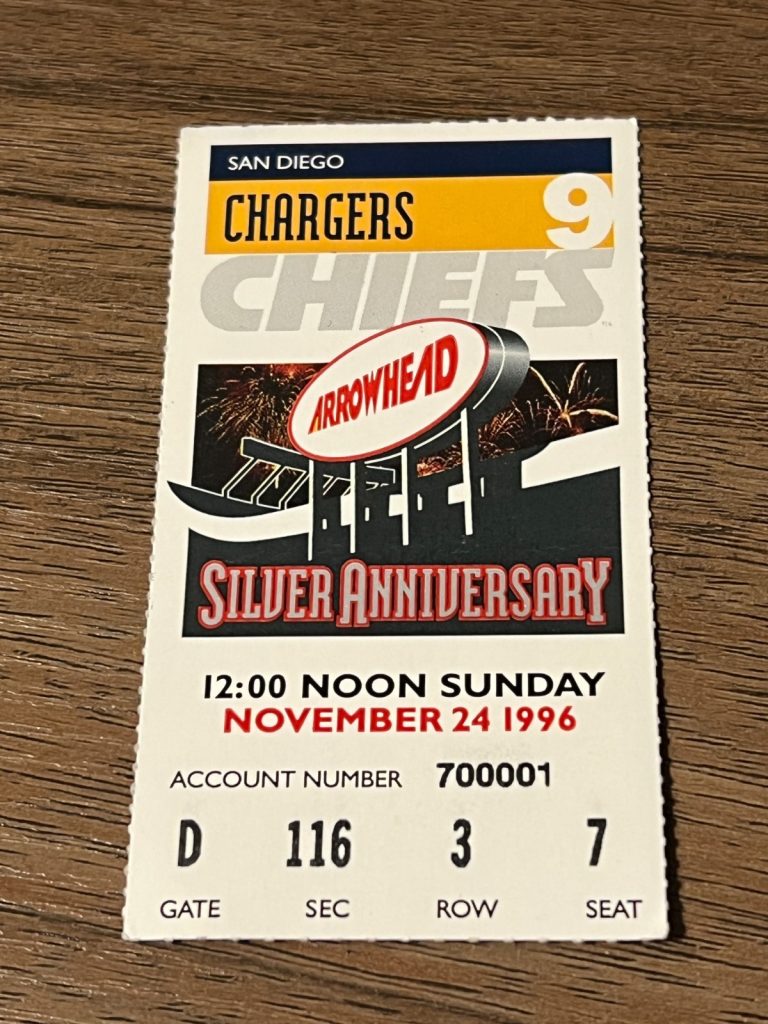 VTG FOOTBALL TICKET KANSAS CITY CHIEFS SAN DIEGO CHARGERS 11/24 1996