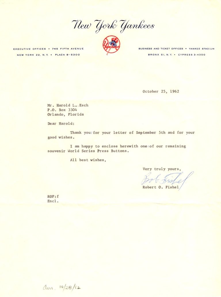 Robert O. Fishel NY New York Yankees Vice President Rare Signed Autograph TSL