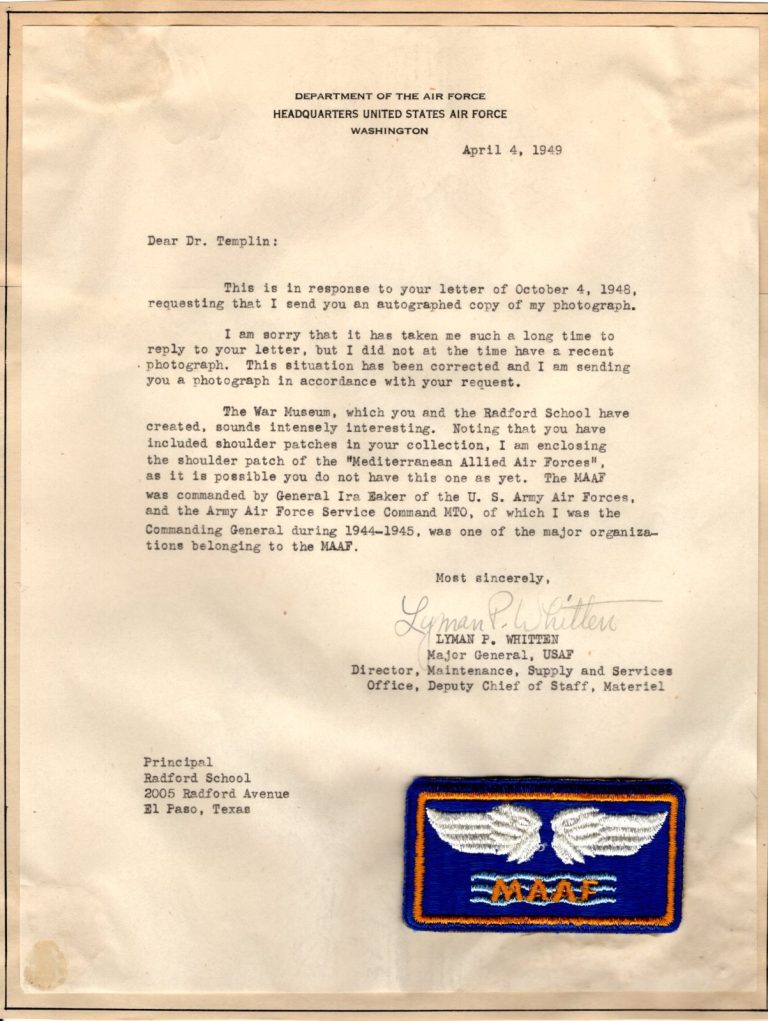 Major General Lyman Whitten US Air Force WWII Logistics Signed Autograph W Patch