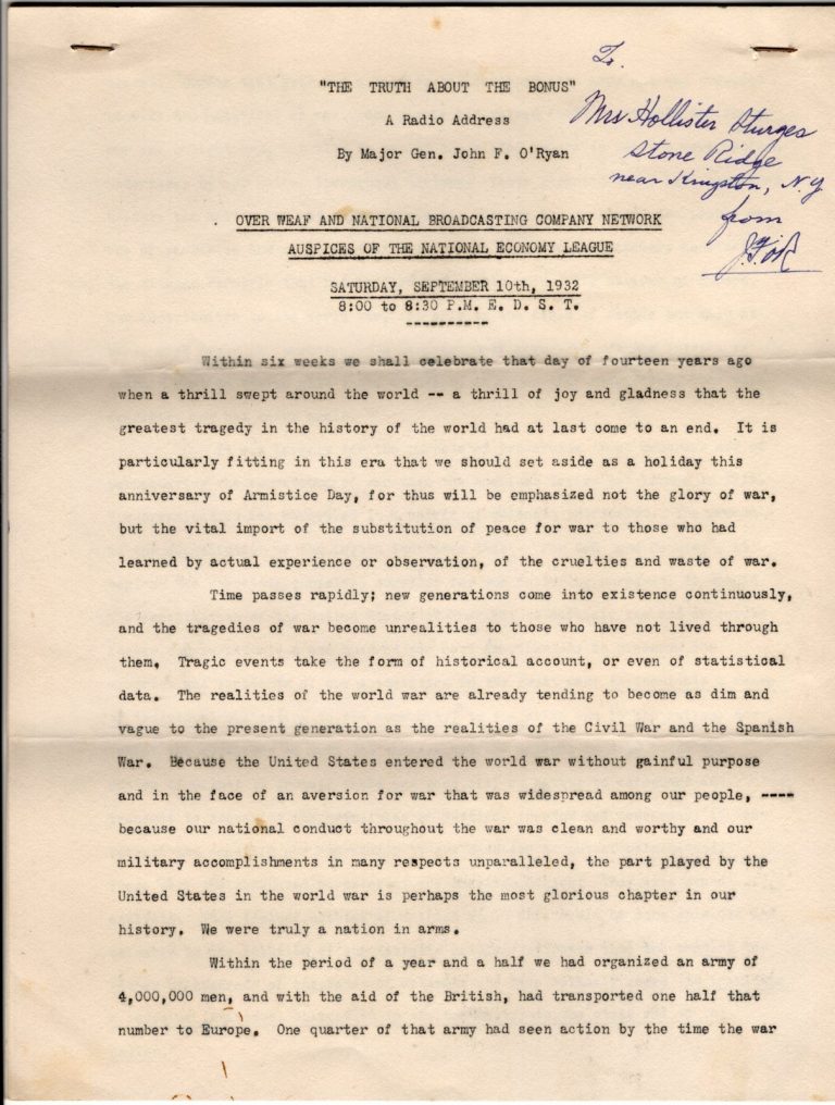 General John F. O'Ryan WWI War American Legion Founder Signed Autograph Speech