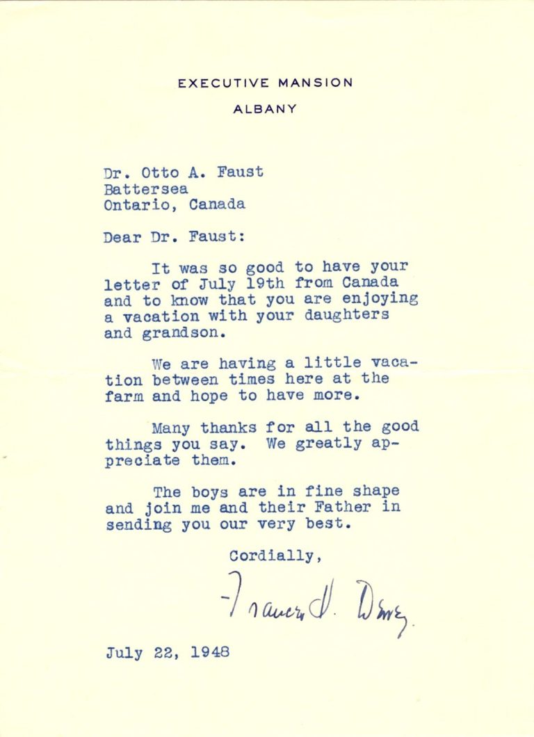 Frances Hutt Dewey First Lady of New York Signed Autograph Letter