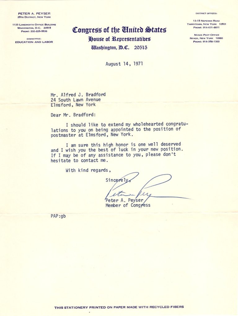 Peter A. Peyser New York US Representative Congress Signed Autograph