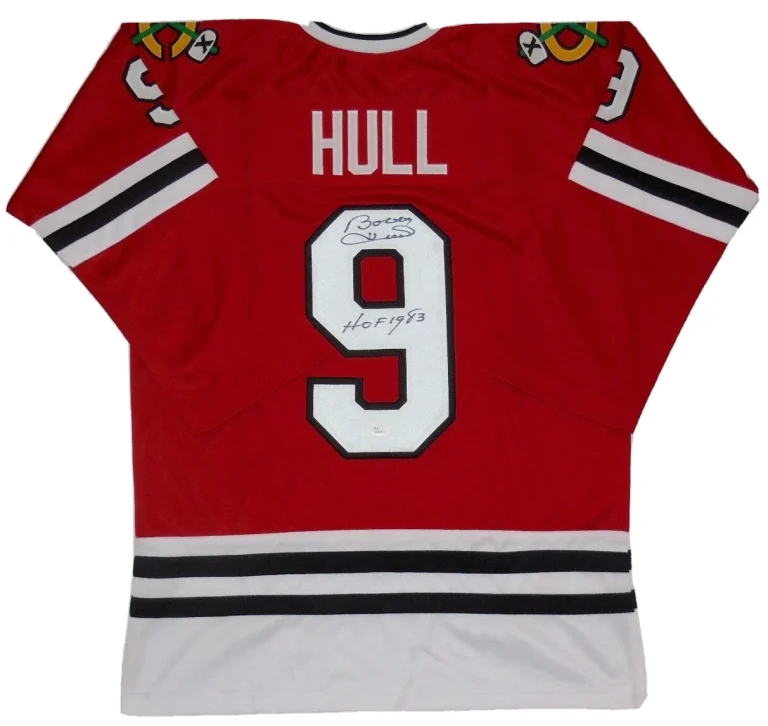 BOBBY HULL AUTOGRAPHED CUSTOM JERSEY (BLACKHAWKS) W/ PROOF - JSA COA!