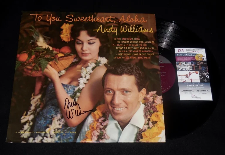 ANDY WILLIAMS AUTOGRAPHED RECORD ALBUM (TO YOU SWEETHEART, ALOHA) - JSA COA!
