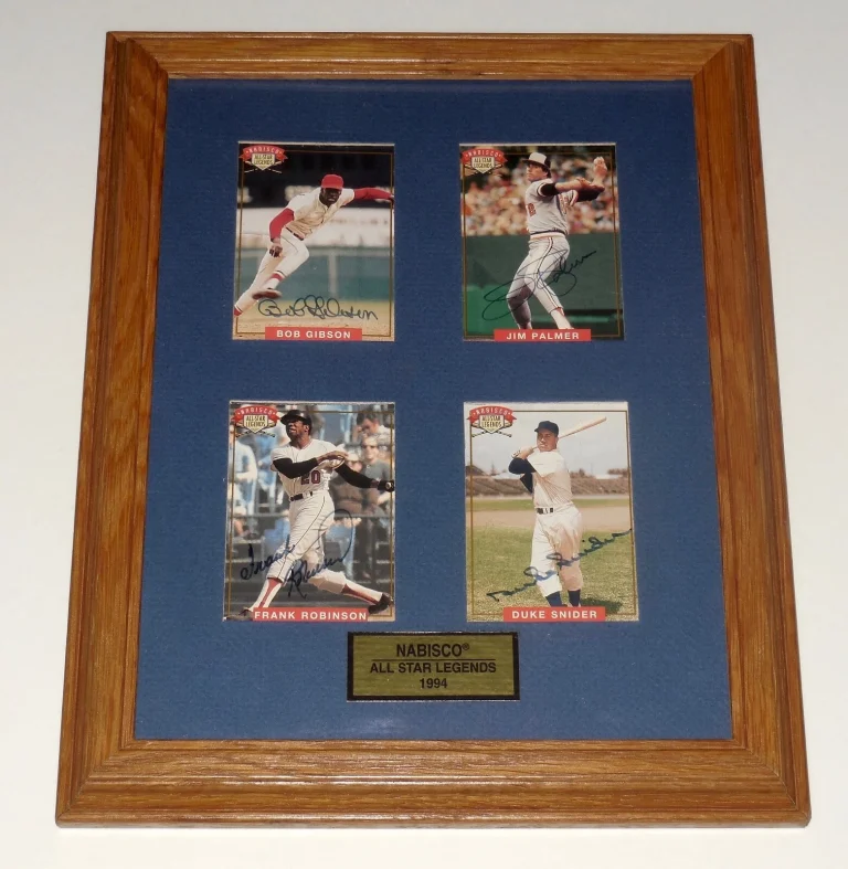 BOB GIBSON, DUKE SNIDER, FRANK ROBINSON, JIM PALMER AUTOGRAPHED CARDS (FRAMED)