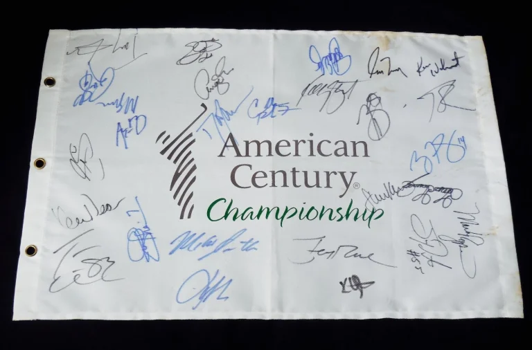 CELEBRITY GOLF AUTOGRAPHED FLAG (27 SIGS) Aaron Rogers, Jerry Rice, Emmitt Smith