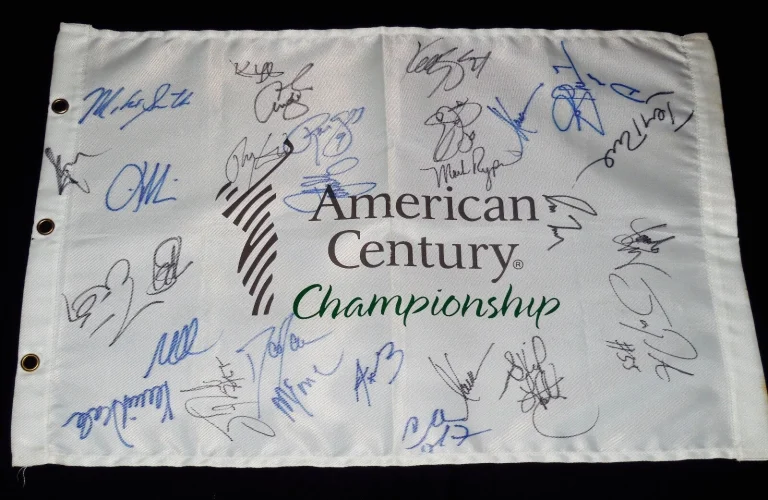 CELEBRITY GOLF AUTOGRAPHED FLAG (29 SIGS) Aaron Rogers, Emmitt Smith, Jerry Rice