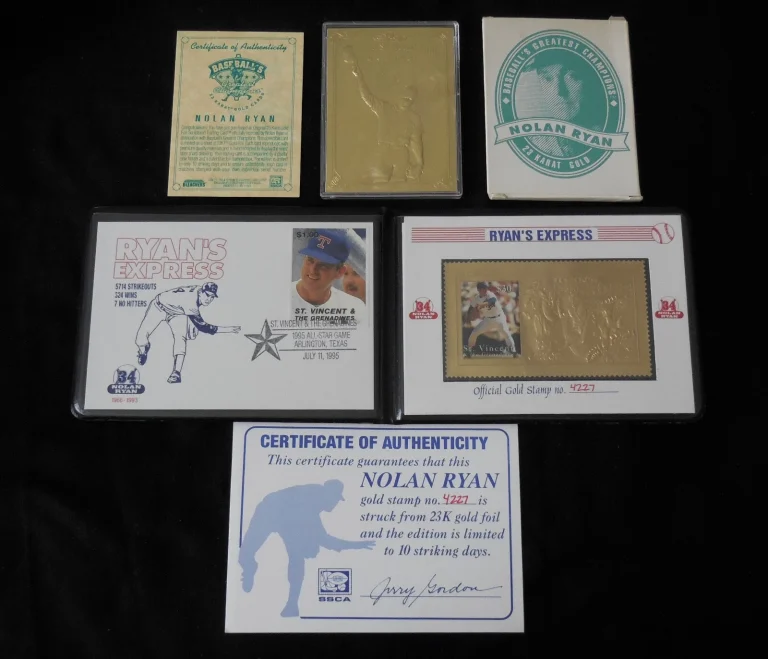NOLAN RYAN 23-KT GOLD BASEBALL CARD & 23-KT GOLD STAMP LOT (THE RYAN EXPRESS)
