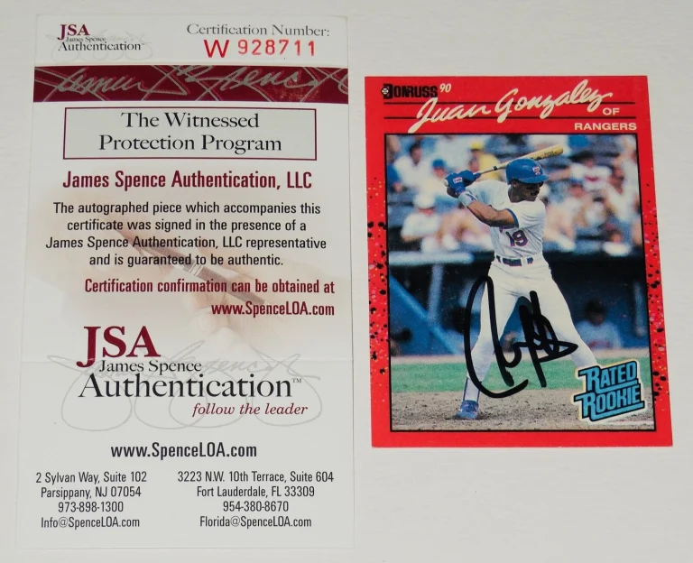 JUAN GONZALEZ AUTOGRAPHED 1990 DONRUSS #33 ROOKIE BASEBALL CARD - JSA COA!