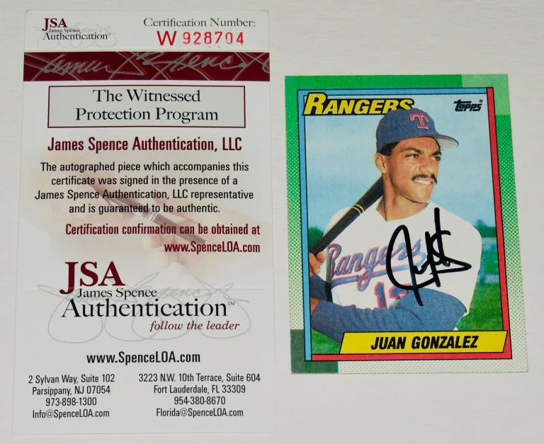 JUAN GONZALEZ AUTOGRAPHED 1990 TOPPS #331 ROOKIE BASEBALL CARD - JSA COA!