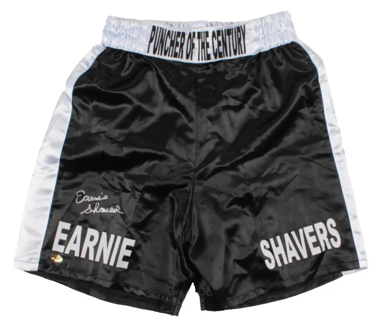 EARNIE SHAVERS AUTOGRAPHED BOXING TRUNKS (PUNCHER OF THE CENTURY) - MAB HOLOGRAM