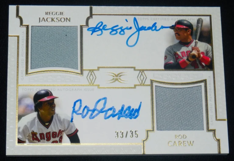 REGGIE JACKSON & ROD CAREW AUTOGRAPHED DUAL RELIC BASEBALL CARD #18 of 35!