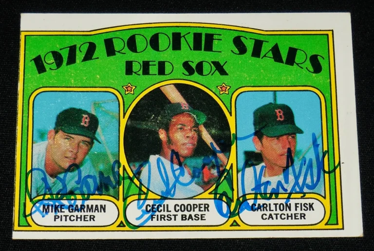 CARLTON FISK, CECIL COOPER, & GARMAN 1972 TOPPS AUTOGRAPHED BASEBALL ROOKIE CARD