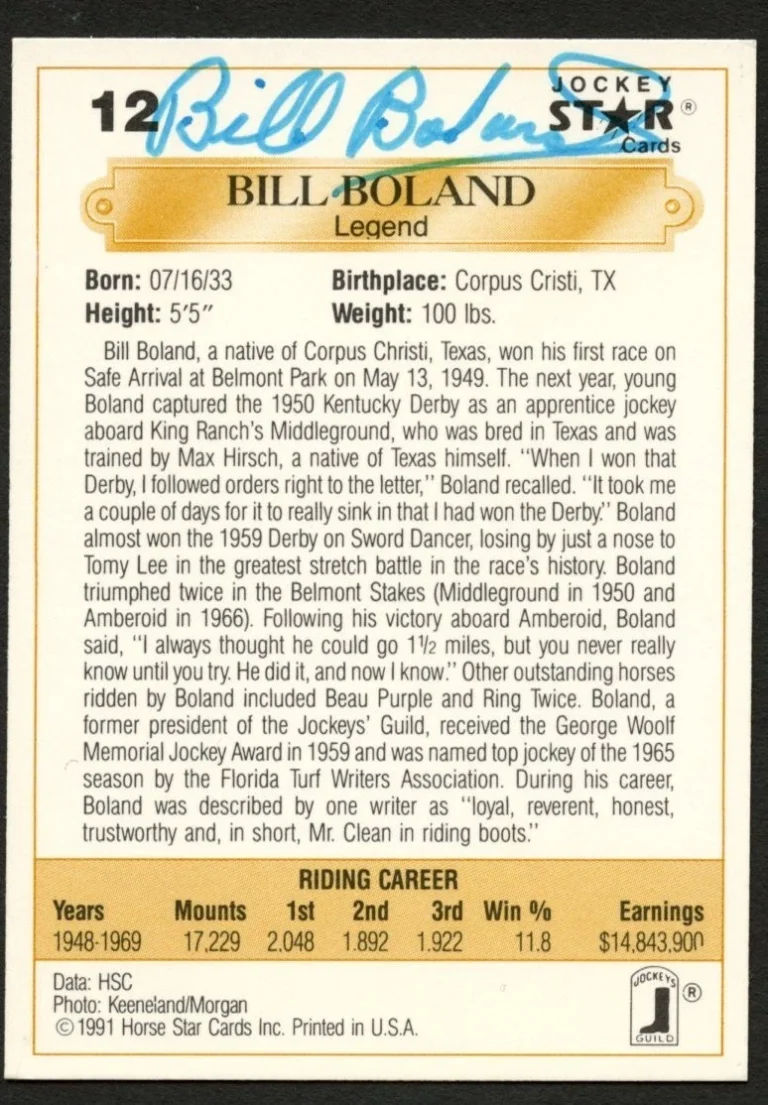 Bill Boland #12 signed autograph auto 1991 Horse Jockey Star Trading Card