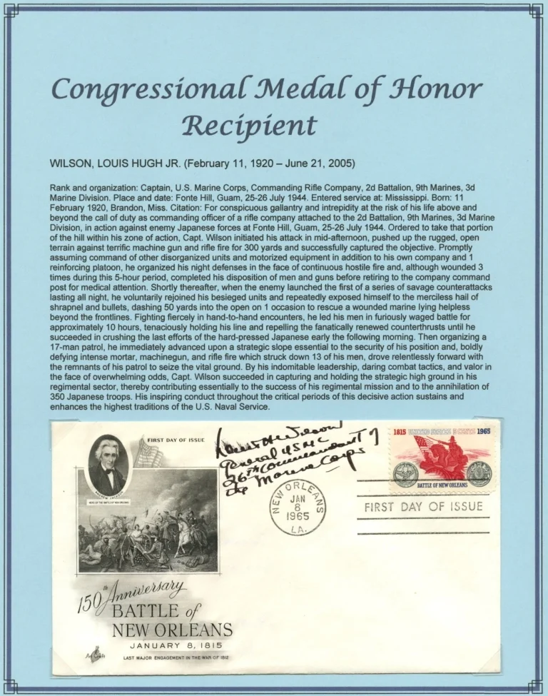 Louis Hugh Wilson Jr. d2005 signed autograph FDC USA Marine Corp. WWII MOH