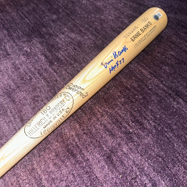 ERNIE BANKS (Cubs) Signed Engraved LOUISVILLE SLUGGER BAT Beckett w/ HOF Inscr
