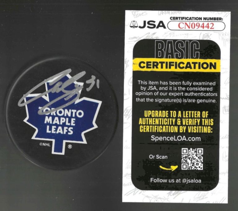 Curtis Joseph Signed Toronto Maple Leafs In Glas Co Puck JSA COA