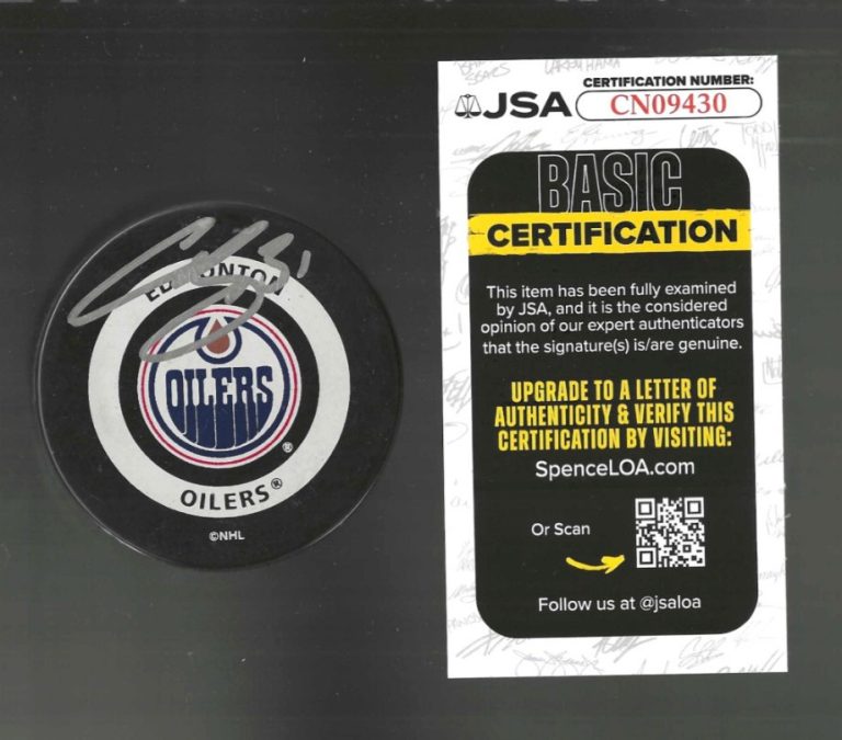 Curtis Joseph Signed Edmonton Oilers Official Orange Back Game Puck JSA COA