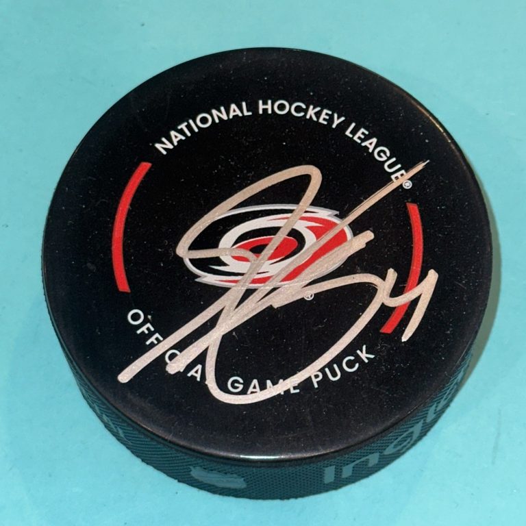 SHAYNE GOSTISBEHERE Signed Carolina HURRICANES Official GAME Puck Beckett (BAS)