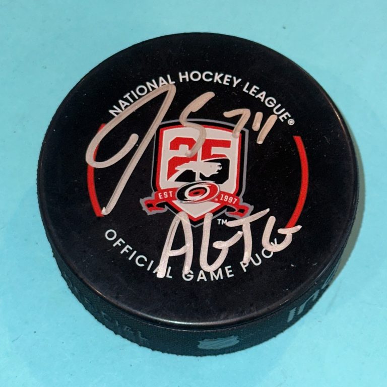 JACCOB SLAVIN Signed Carolina HURRICANES 25th Anniv. Official GAME Puck Beckett