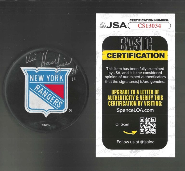 Vic Hadfield Signed New York Rangers Souvenir Puck JSA COA