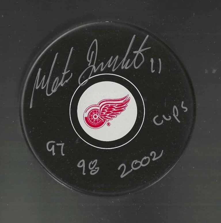 Mathieu Dendenault Signed & Inscribed Detroit Red Wings Puck Beckett COA