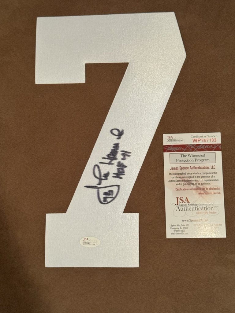 John Hannah Signed AUTOGRAPHED Patriots FOOTBALL JERSEY NUMBER “7” JSA