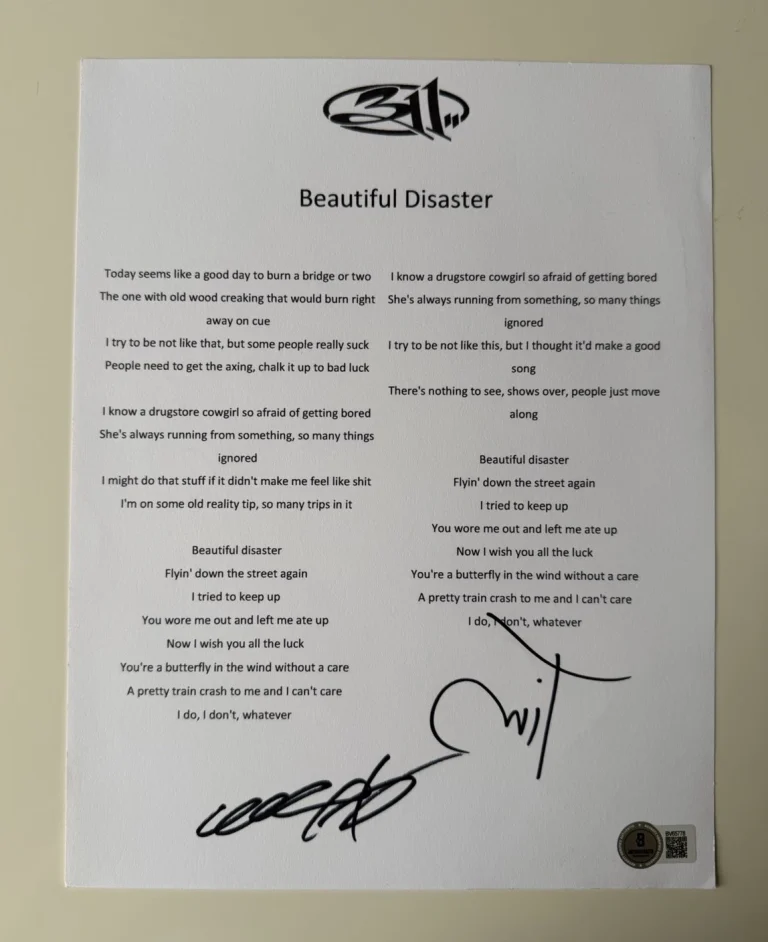 311 Band Autographed Beautiful Disaster Lyric Sheet Chad Sexton Mahoney Beckett