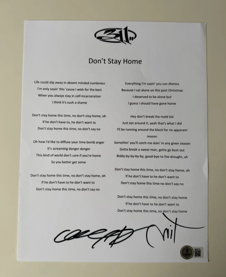 311 Band Autographed Don’t Stay Home Lyric Sheet Chad Sexton Mahoney Beckett